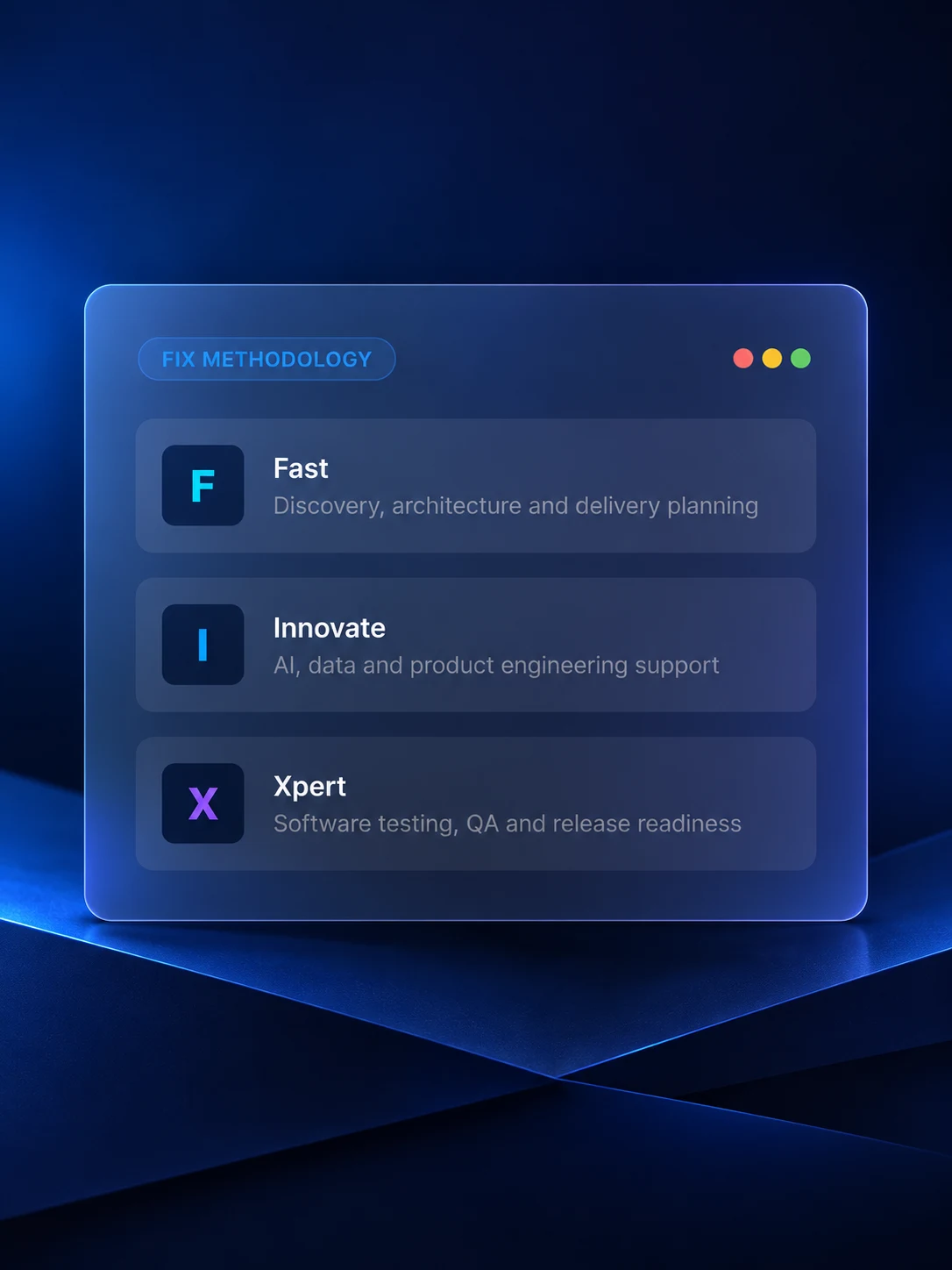 FIXPartner's F, I and X tiles with Fast, Innovate and Xpert descriptions